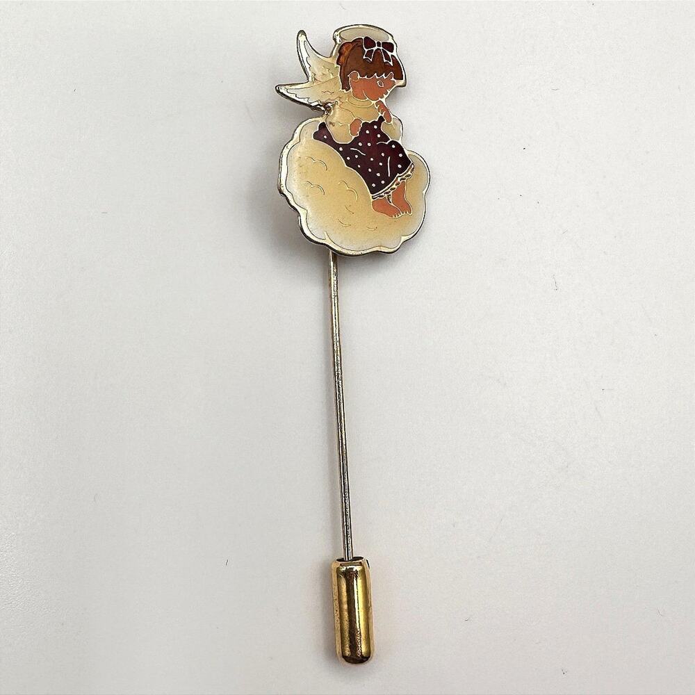Vintage 80s 90s Angel On Cloud Stick Brooch Pin Gold Tone Enamel Jewelry